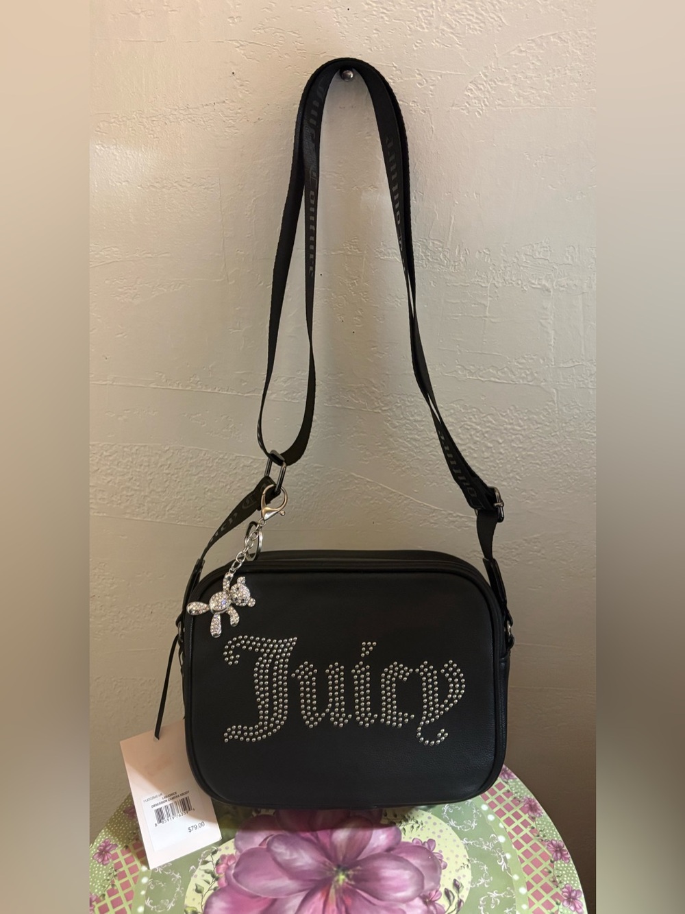 Juicy Couture Black Camera Crossbody w/Teddy Charm & Crystal Studded Lettering